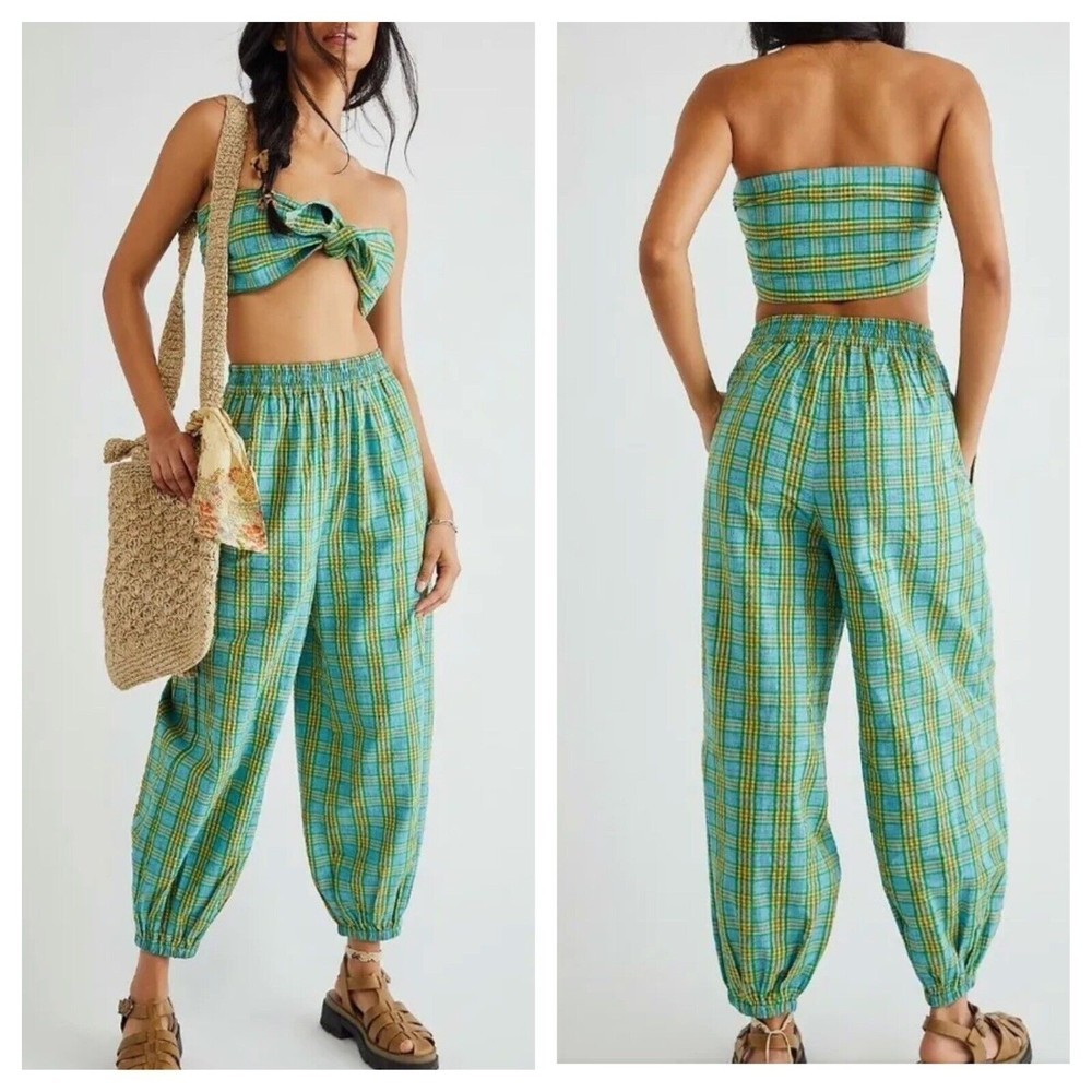 Free People Ticket To Paradise Plaid Set L NWT Bandeau Top and Jogger Pants